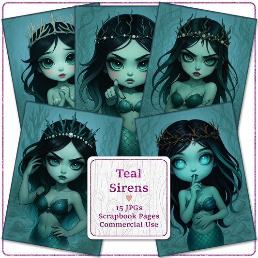Teal Sirens Scrapbook Digital Paper Pack