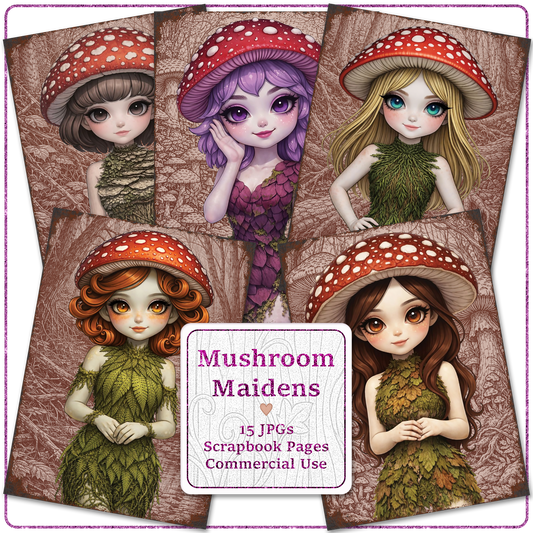 Mushroom Maidens Scrapbook Digital Paper Pack