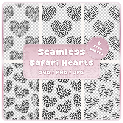 6 animal print hearts seamless patterns SVG PNG JPG bundle featuring snake skin, leopard, cheetah and zebra heart pattern overlays