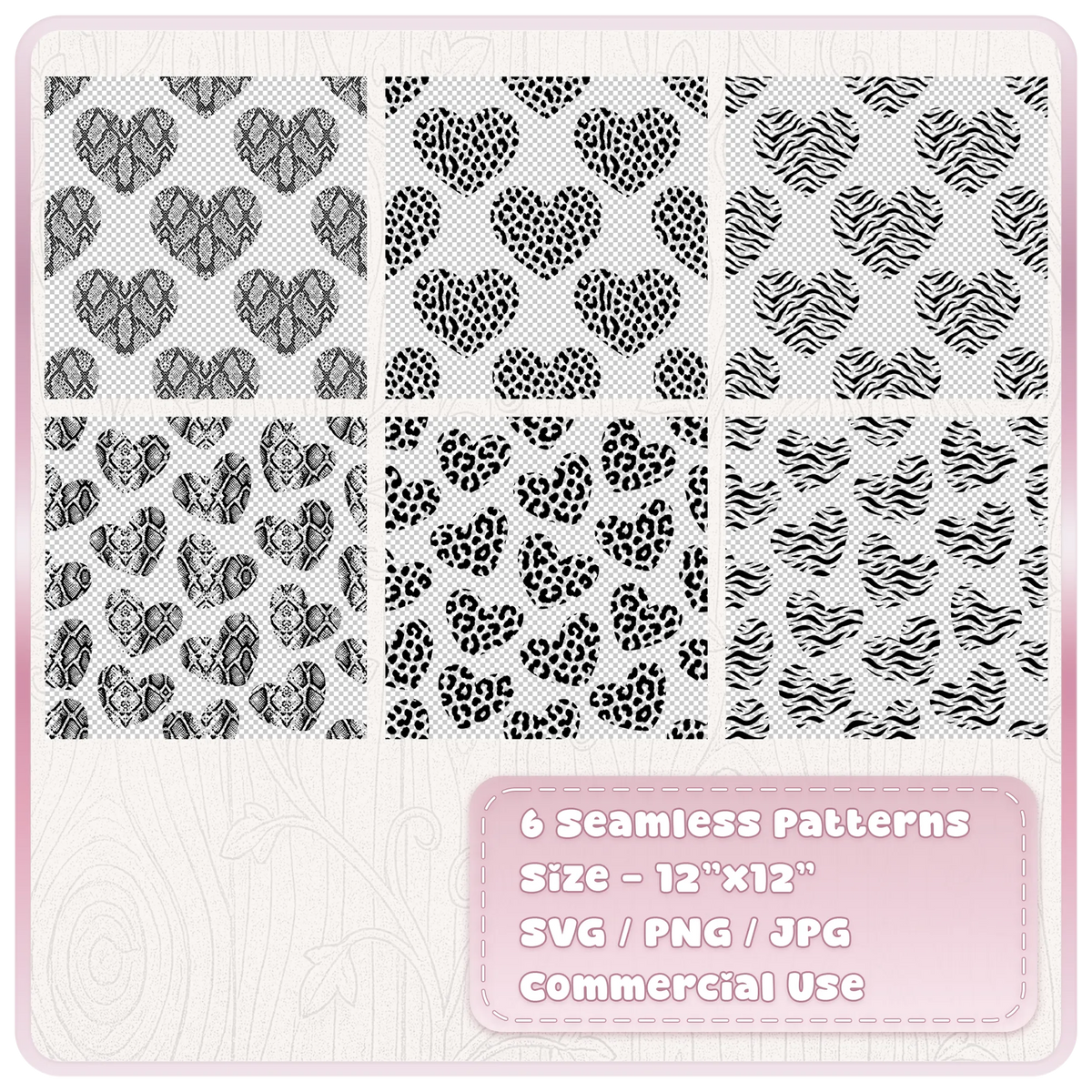 Six seamless animal print heart patterns in SVG PNG and JPG with snake skin, leopard, cheetah and zebra heart designs