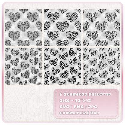 Six seamless animal print heart patterns in SVG PNG and JPG with snake skin, leopard, cheetah and zebra heart designs