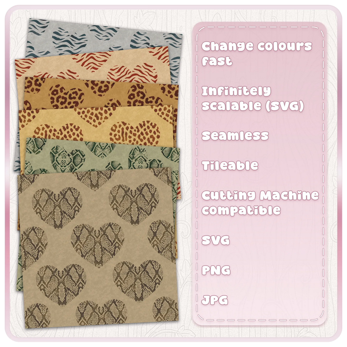 Animal print heart seamless pattern colour examples showing editable SVG digital papers in snake, leopard and zebra print designs