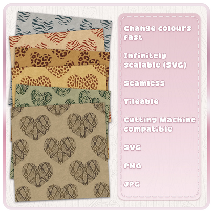 Animal print heart seamless pattern colour examples showing editable SVG digital papers in snake, leopard and zebra print designs