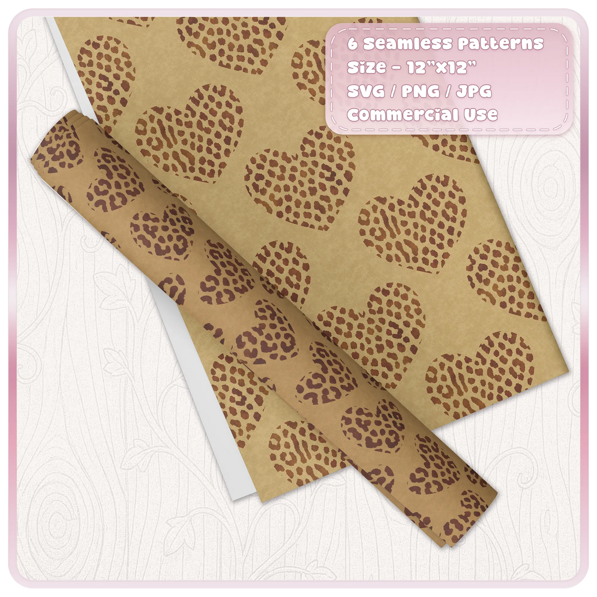 Leopard and cheetah animal print heart seamless pattern digital paper mockup with repeating brown spotted hearts on tan background
