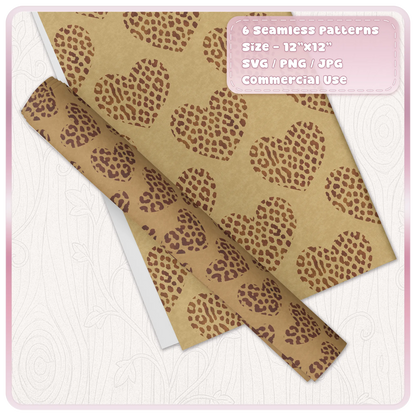 Leopard and cheetah animal print heart seamless pattern digital paper mockup with repeating brown spotted hearts on tan background