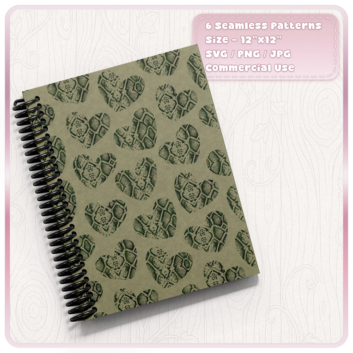 Snake skin heart seamless pattern SVG shown on notebook mockup with repeating dark green animal print hearts on muted green background