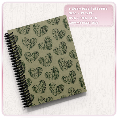 Snake skin heart seamless pattern SVG shown on notebook mockup with repeating dark green animal print hearts on muted green background