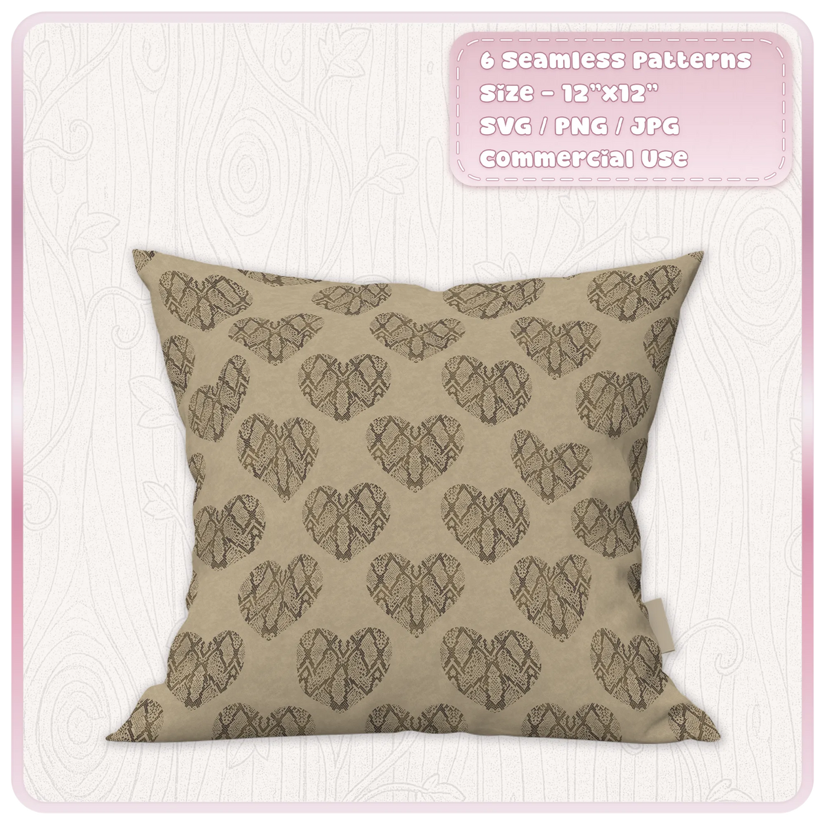Snake print heart seamless pattern digital paper shown on cushion mockup with repeating distressed snakeskin hearts on neutral beige fabric