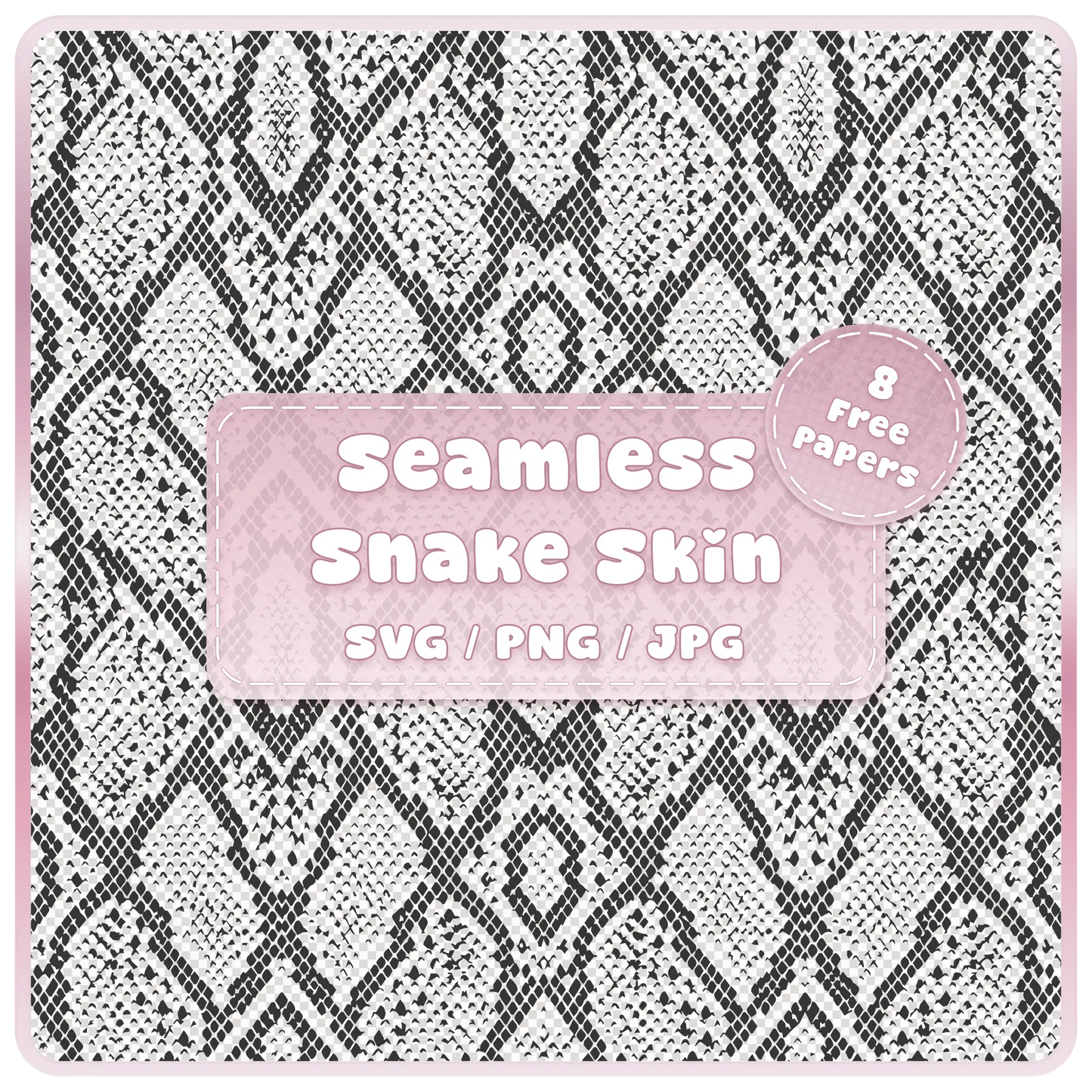 Seamless black and white snake skin animal print pattern SVG PNG JPG digital download with 8 free colour example papers.