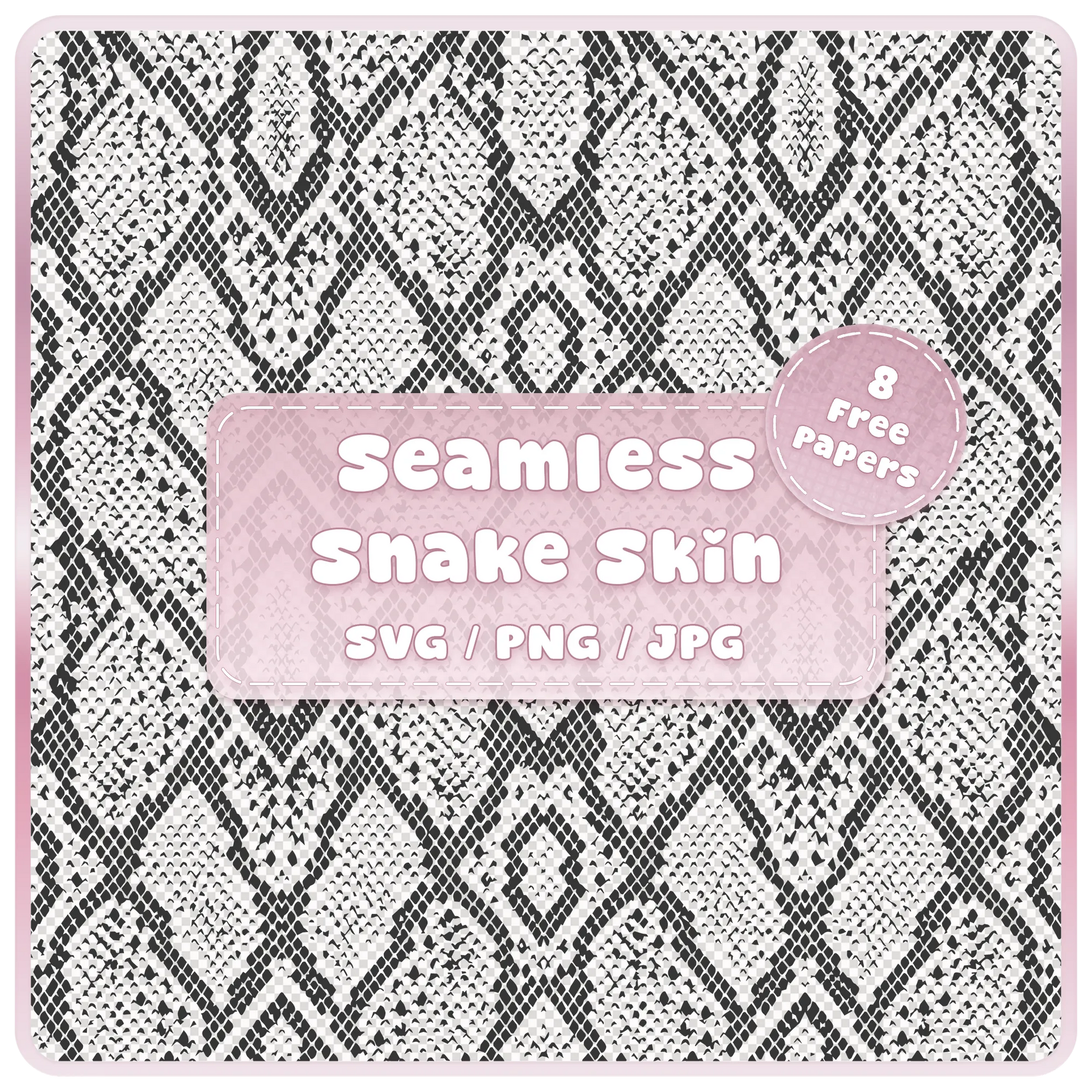 Seamless black and white snake skin animal print pattern SVG PNG JPG digital download with 8 free colour example papers.
