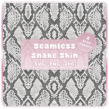 Seamless black and white snake skin animal print pattern SVG PNG JPG digital download with 8 free colour example papers.