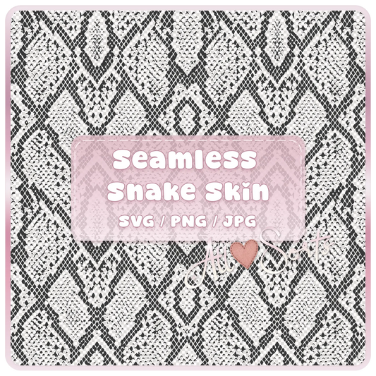 Black and white seamless snake skin pattern digital download mockup with “Seamless Snake Skin SVG PNG JPG” text overlay and soft pink branding label.