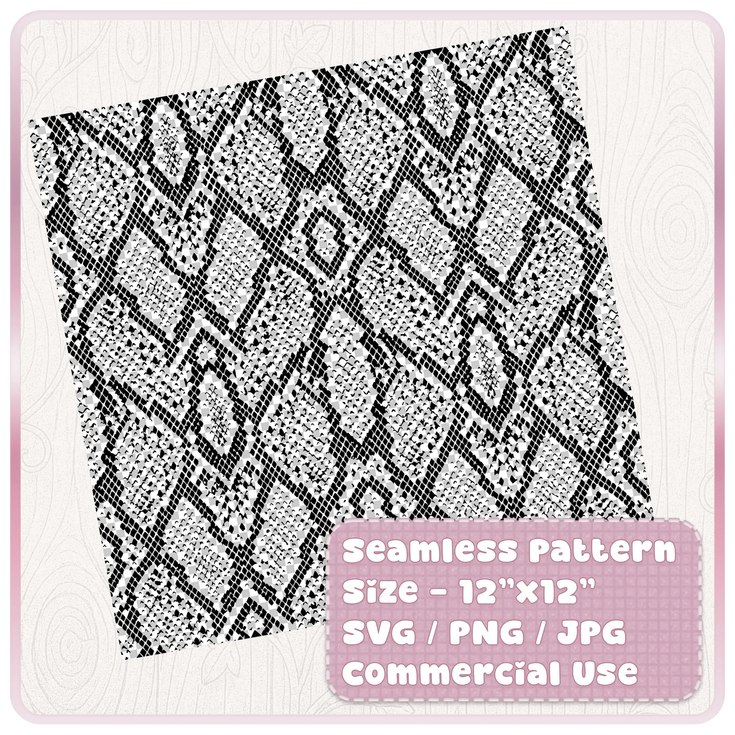 Tileable seamless snake skin pattern digital paper shown as a 12x12 black and white reptile print with SVG PNG JPG file formats.
