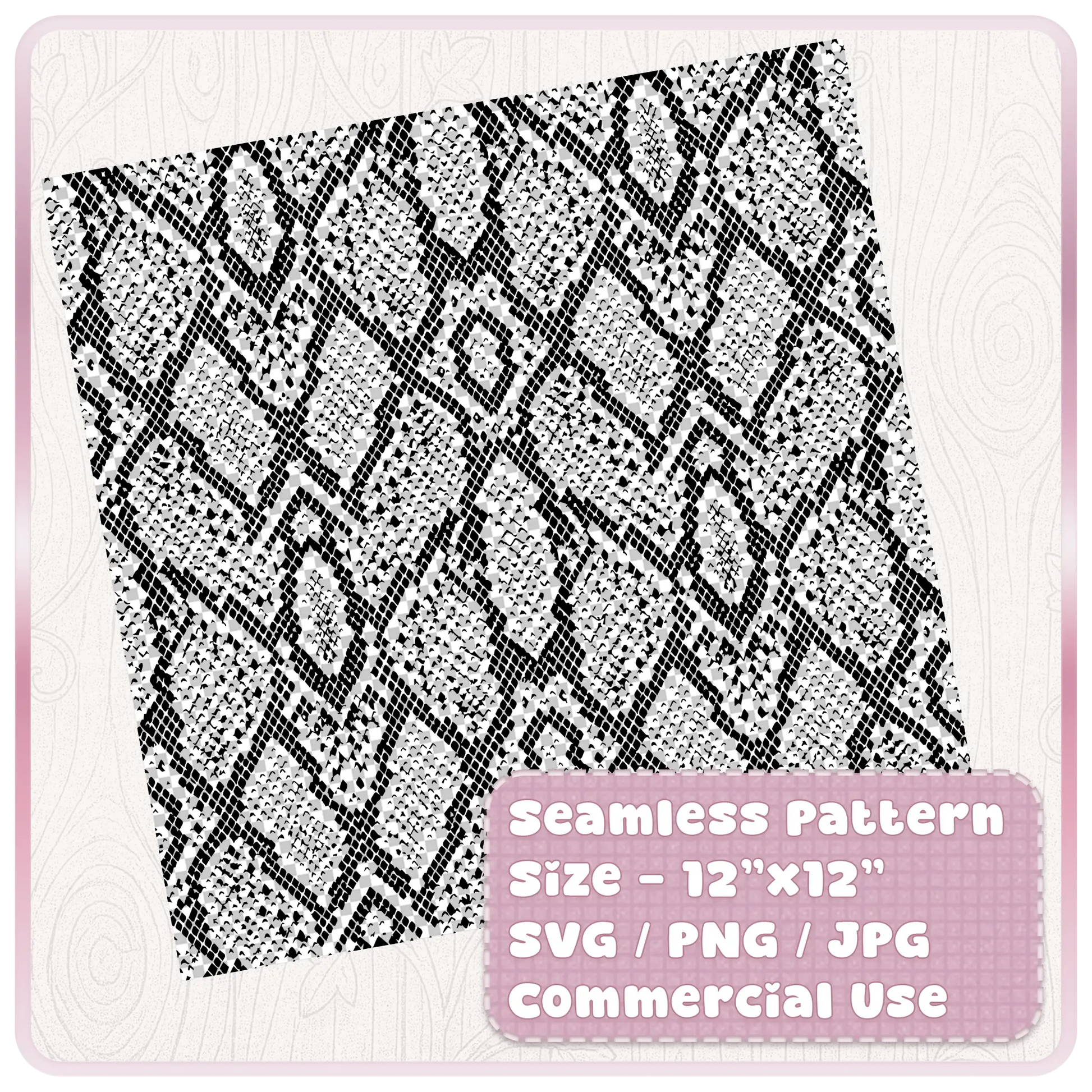 Tileable seamless snake skin pattern digital paper shown as a 12x12 black and white reptile print with SVG PNG JPG file formats.