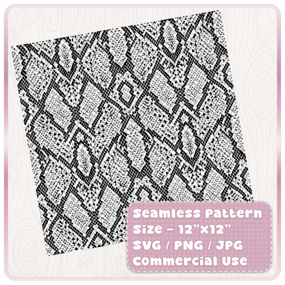 Tileable seamless snake skin pattern digital paper shown as a 12x12 black and white reptile print with SVG PNG JPG file formats.