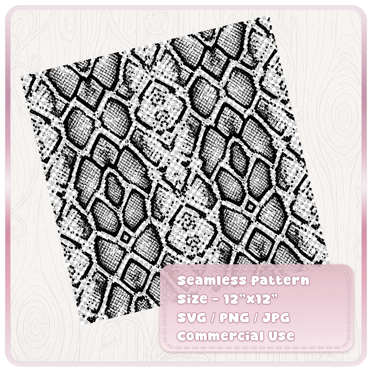 Black distressed snake skin SVG pattern on transparent background showing a 12 by 12 inch seamless reptile print