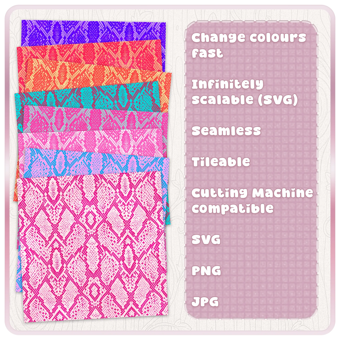 Colour examples of seamless snake skin animal print pattern in bright pink, blue, orange, purple and red for SVG PNG JPG digital download.