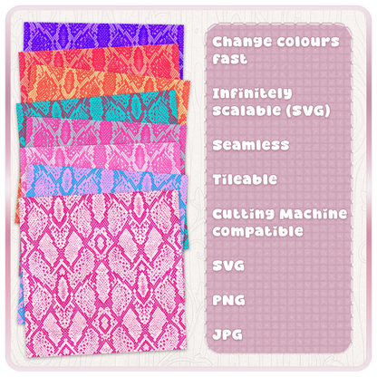 Colour examples of seamless snake skin animal print pattern in bright pink, blue, orange, purple and red for SVG PNG JPG digital download.