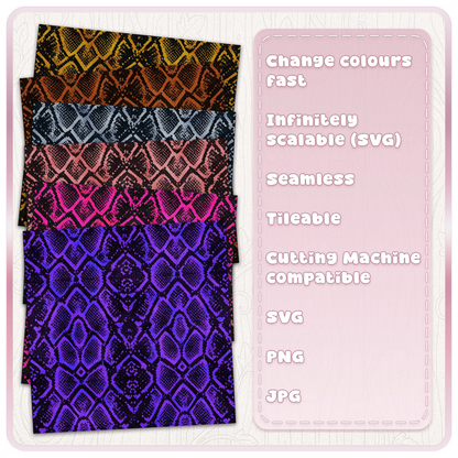 Snake skin pattern colour examples in gold rust silver blush pink bright pink and purple on dark backgrounds