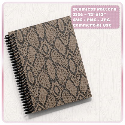 Brown notebook mockup featuring seamless snake skin animal print pattern for planner covers, journals, stationery and craft projects.