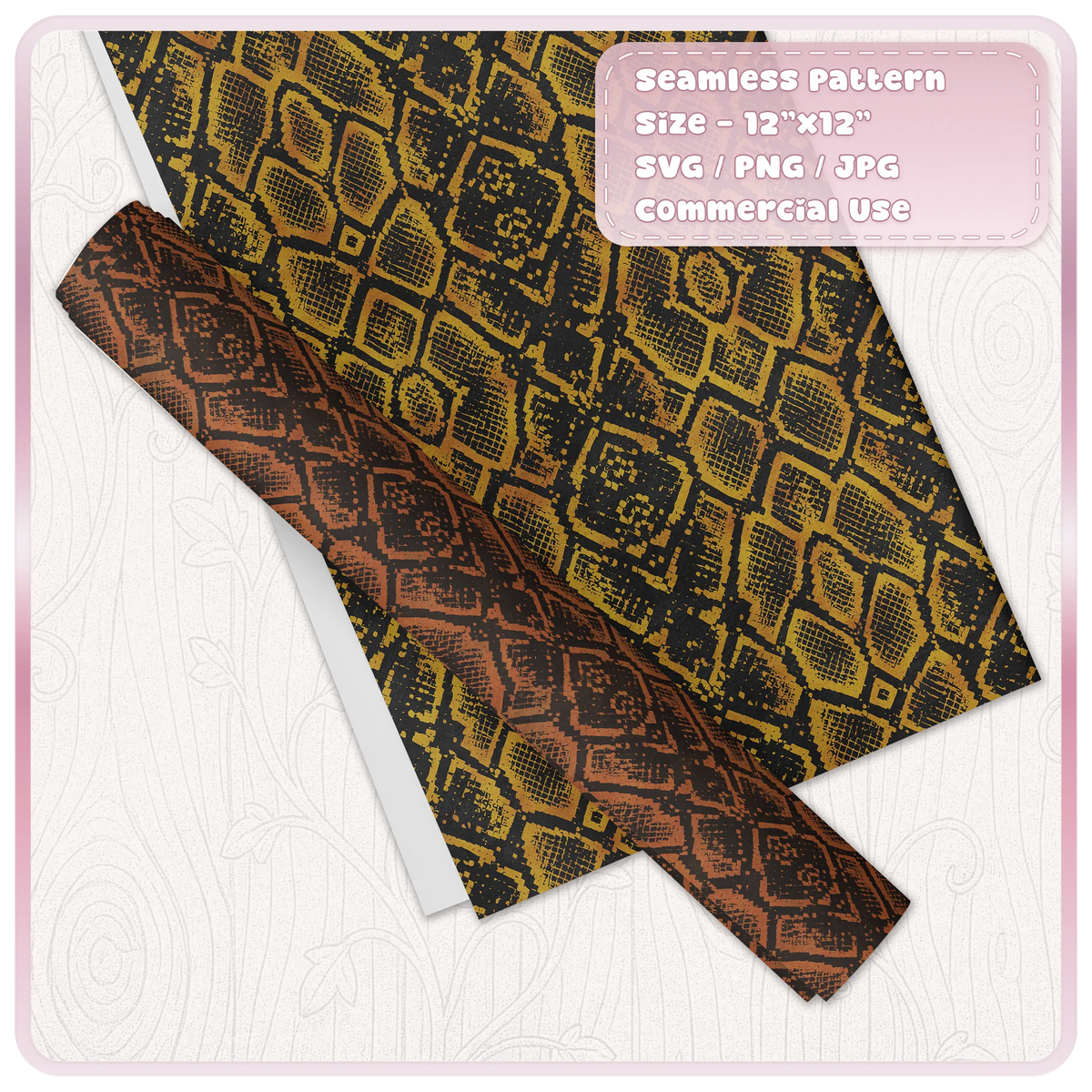 Gold and rust distressed snake skin pattern shown on decorative paper and wrapping paper mockup