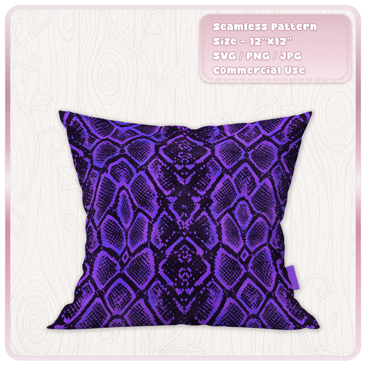 Purple distressed snake skin pattern displayed on cushion mockup for fabric textile and home decor projects