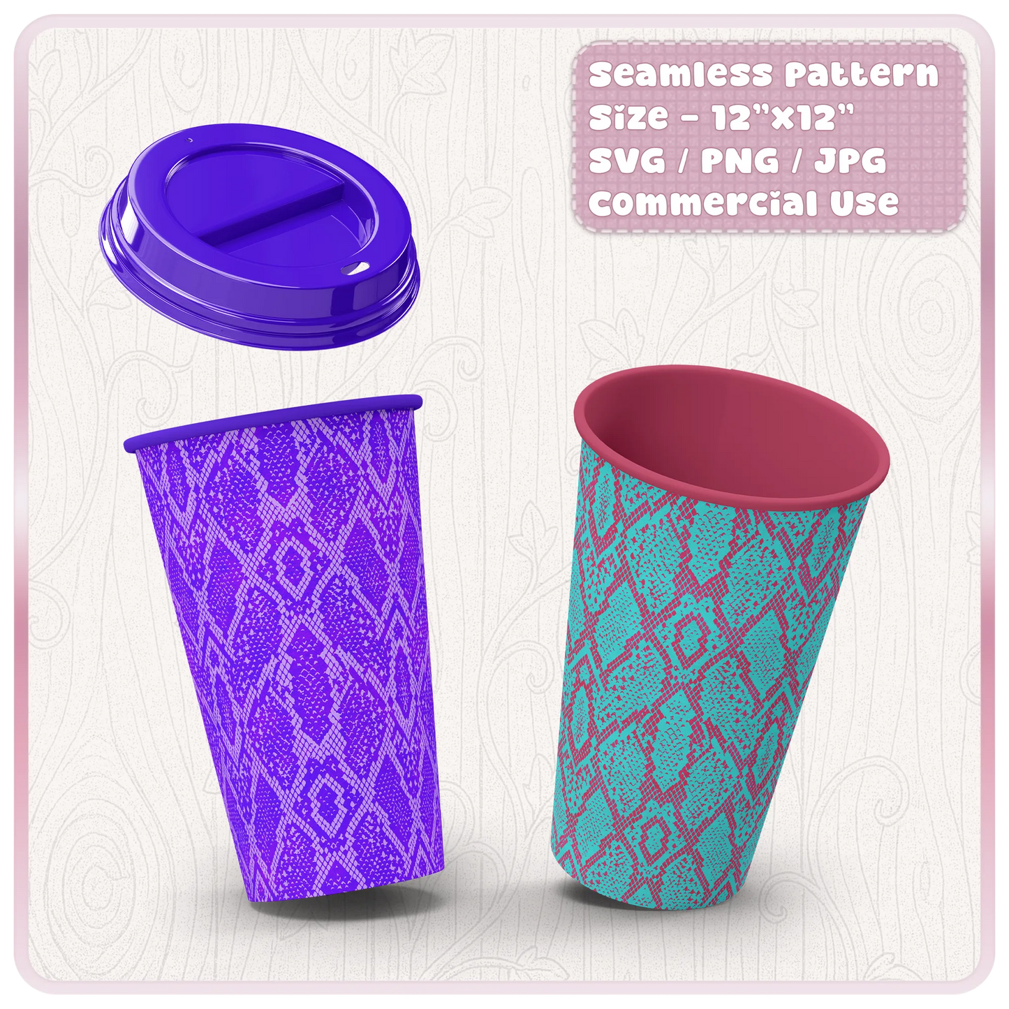 Reusable cup mockups featuring colourful seamless snake skin pattern for tumbler wraps, drinkware, sublimation and Cricut projects.