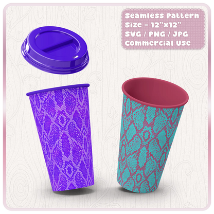 Reusable cup mockups featuring colourful seamless snake skin pattern for tumbler wraps, drinkware, sublimation and Cricut projects.