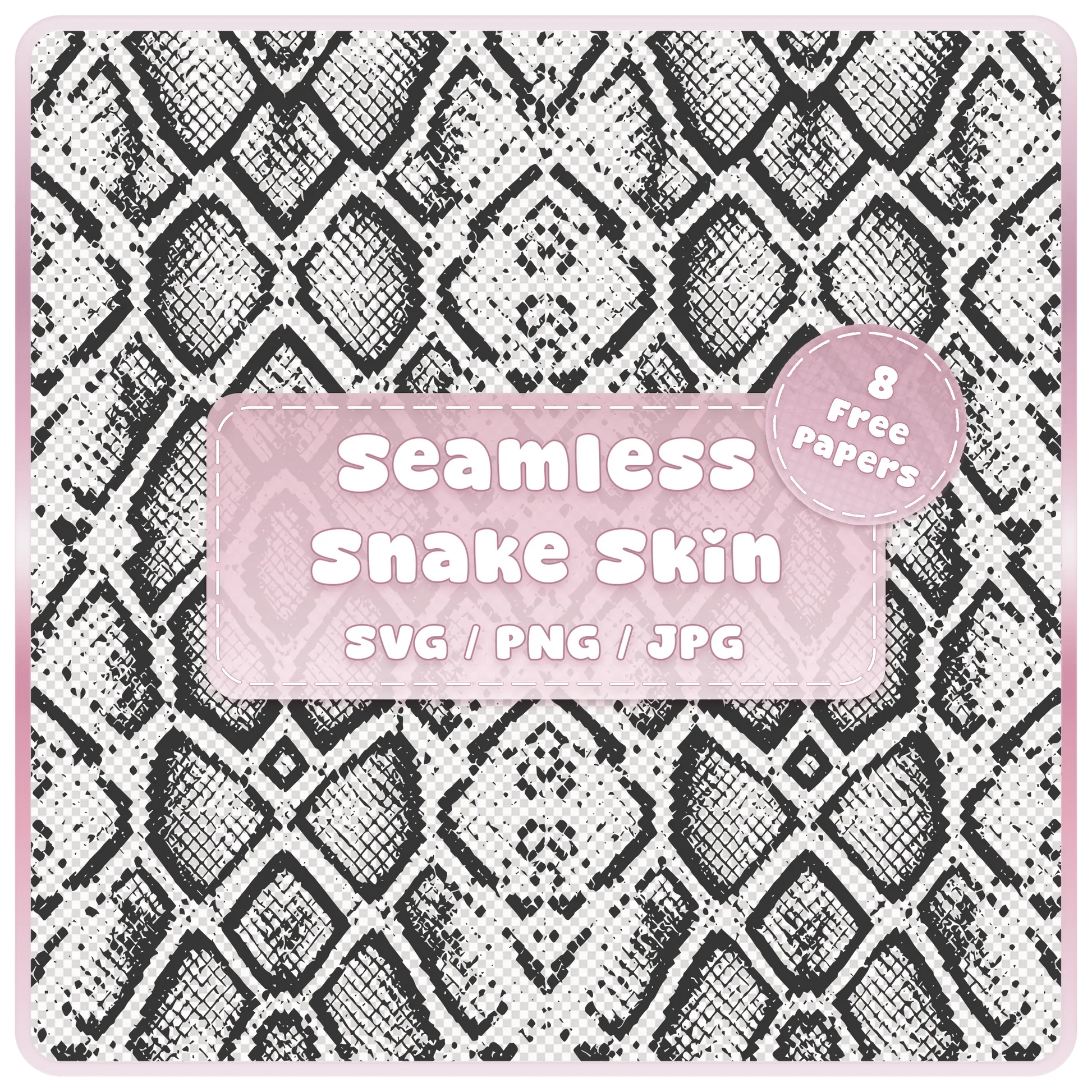 Seamless snake skin pattern SVG PNG JPG digital download with black and white reptile animal print and 8 free colour example papers.