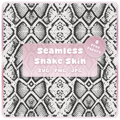 Seamless snake skin pattern SVG PNG JPG digital download with black and white reptile animal print and 8 free colour example papers.