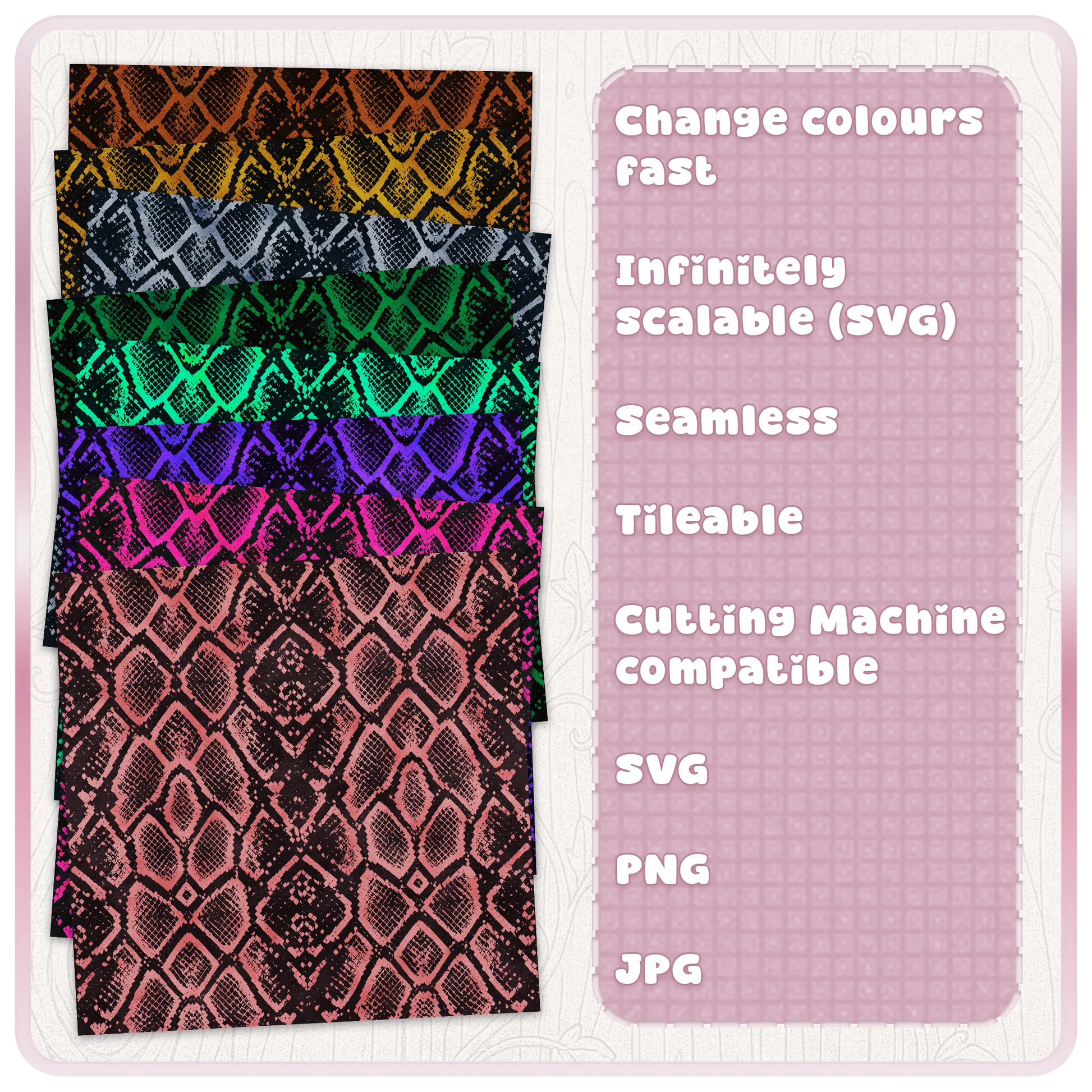 Snake skin seamless pattern digital download showing multiple colour examples with SVG PNG JPG files for scalable reptile print crafts.