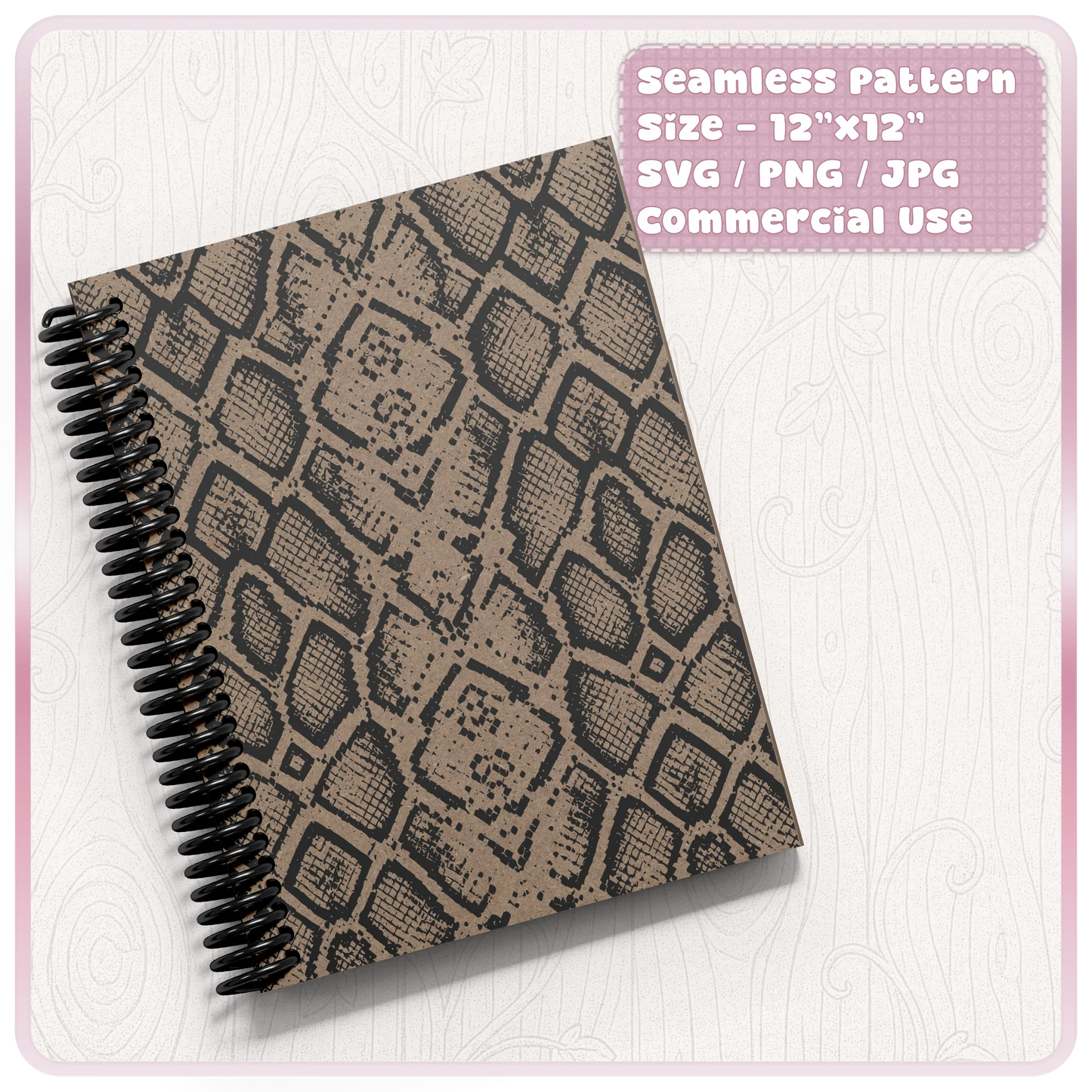 Seamless snake skin pattern shown on a spiral notebook mockup, ideal for printable paper, stationery, planners and commercial craft designs.
