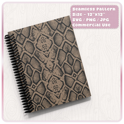 Seamless snake skin pattern shown on a spiral notebook mockup, ideal for printable paper, stationery, planners and commercial craft designs.