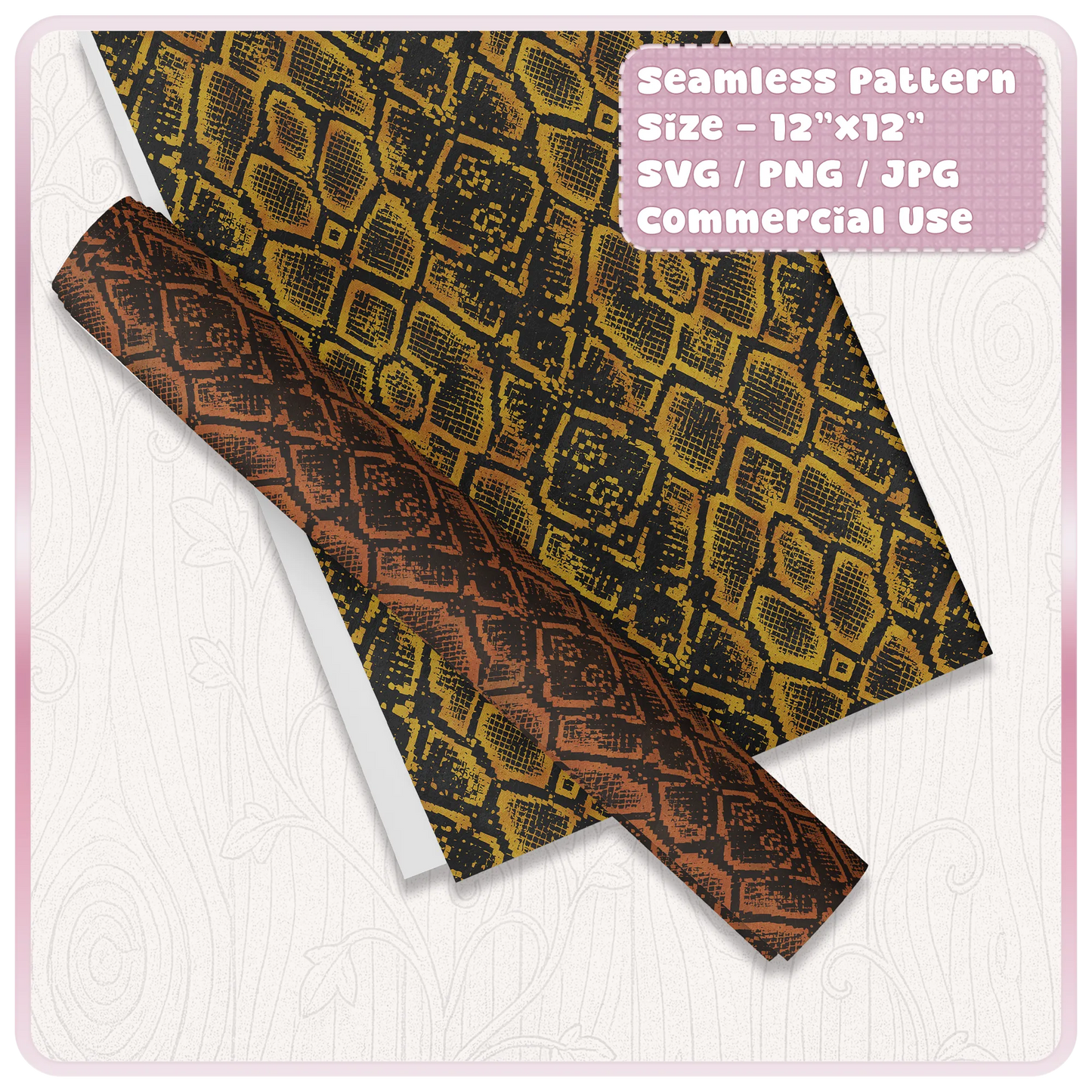 Snake skin animal print seamless pattern displayed on rolled paper mockups with brown and gold reptile print colour examples.