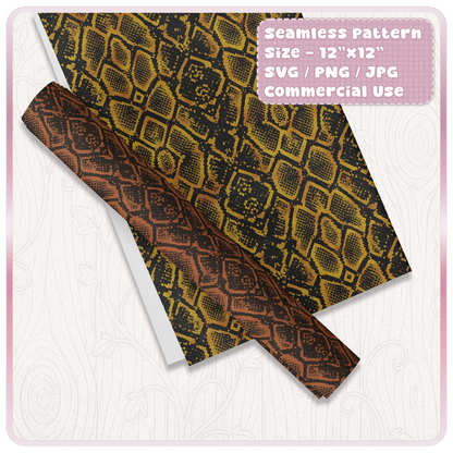 Snake skin animal print seamless pattern displayed on rolled paper mockups with brown and gold reptile print colour examples.