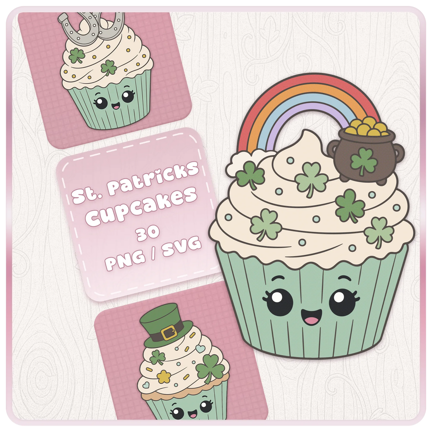 St. Patrick’s Day Cupcakes SVG and PNG clipart bundle cover featuring cute rainbow cupcake with pot of gold, shamrocks, green wrapper, and lucky kawaii cupcake artwork.