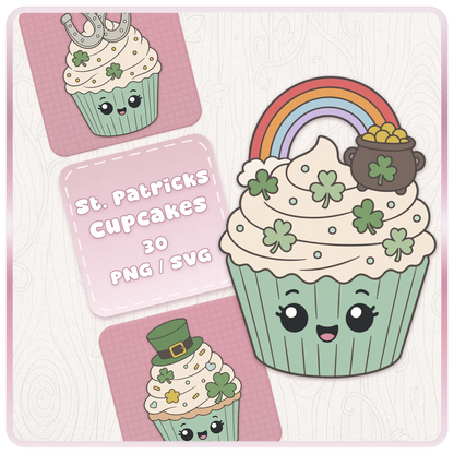 St. Patrick’s Day Cupcakes SVG and PNG clipart bundle cover featuring cute rainbow cupcake with pot of gold, shamrocks, green wrapper, and lucky kawaii cupcake artwork.