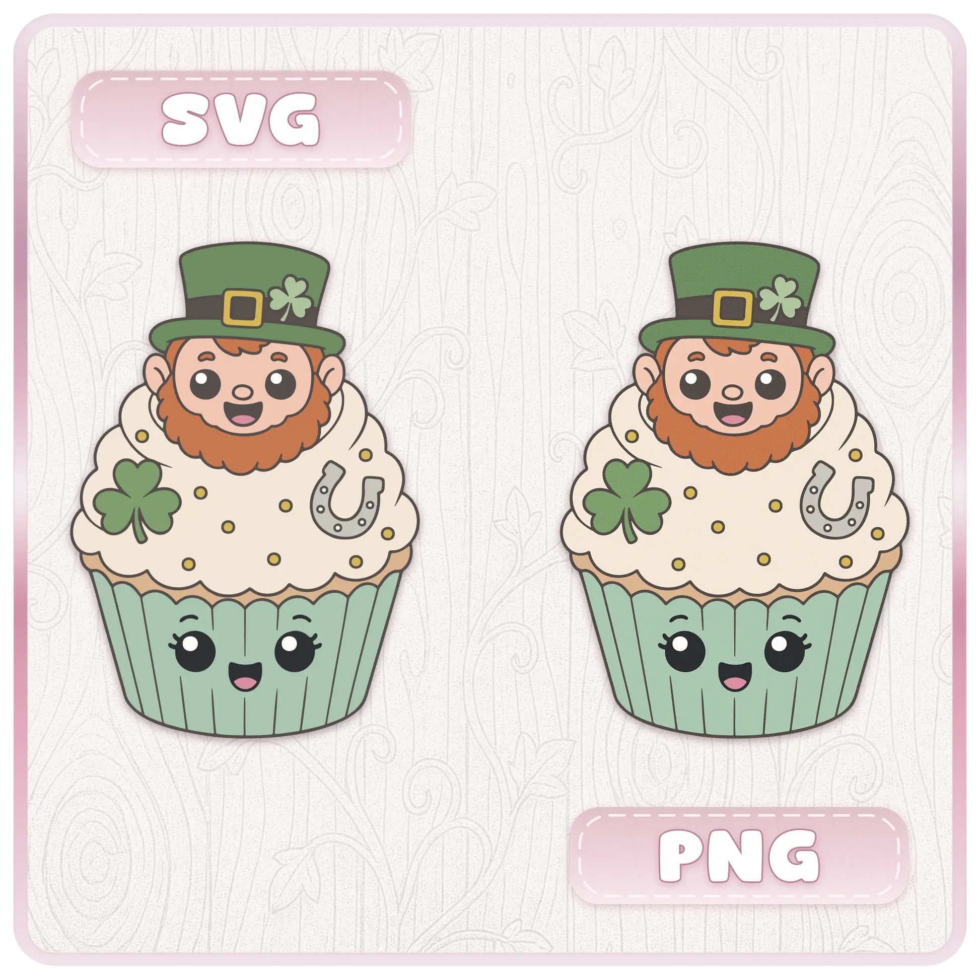 St. Patrick’s Day cupcake SVG and PNG preview showing cute leprechaun cupcake clipart with green hat, shamrock, lucky horseshoe, and smiling green cupcake base.