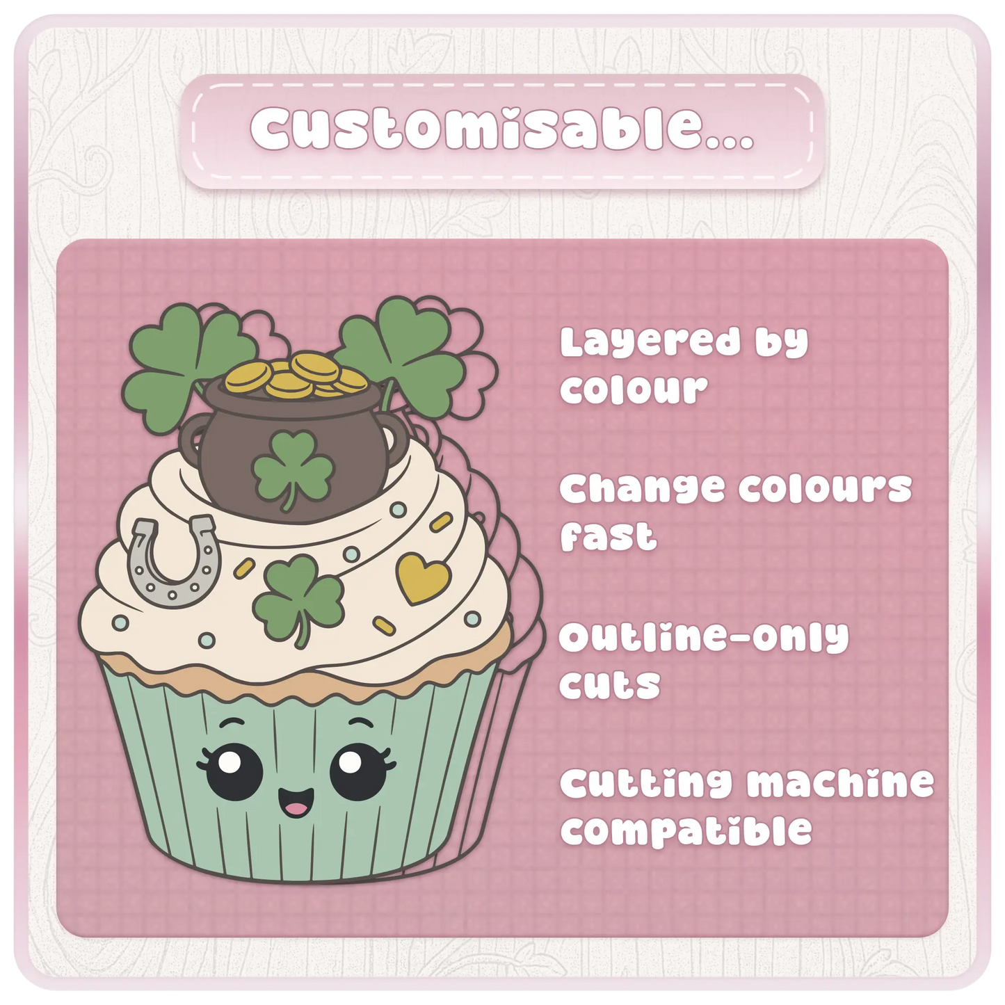 Customisable St. Patrick’s Day cupcake SVG bundle preview showing layered-by-colour cut files, fast colour changes, outline-only cuts, and cutting machine compatible artwork.