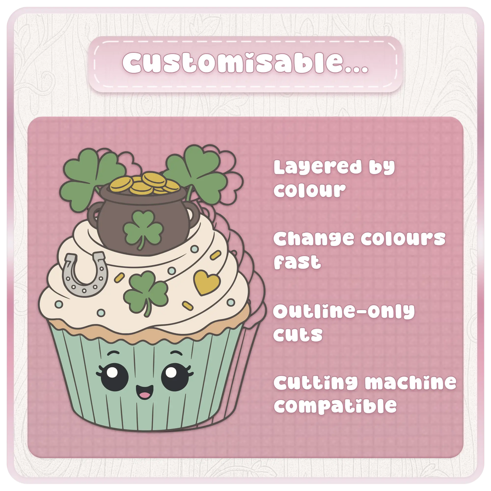 Customisable St. Patrick’s Day cupcake SVG bundle preview showing layered-by-colour cut files, fast colour changes, outline-only cuts, and cutting machine compatible artwork.