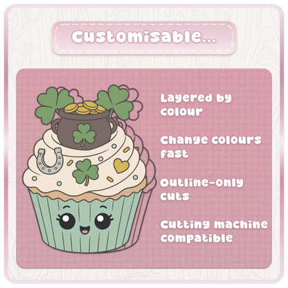 Customisable St. Patrick’s Day cupcake SVG bundle preview showing layered-by-colour cut files, fast colour changes, outline-only cuts, and cutting machine compatible artwork.