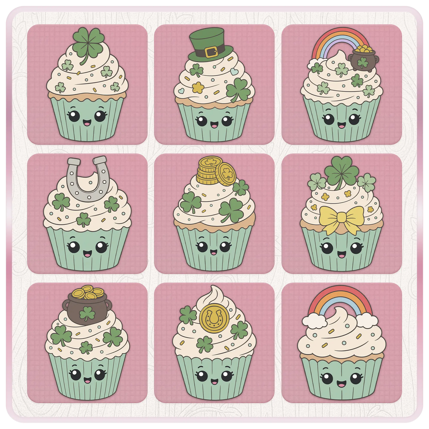 St. Patrick’s Day cupcake clipart preview sheet featuring shamrock cupcakes, leprechaun hat, rainbow, horseshoe, gold coins, pot of gold, bow, and lucky charm designs.