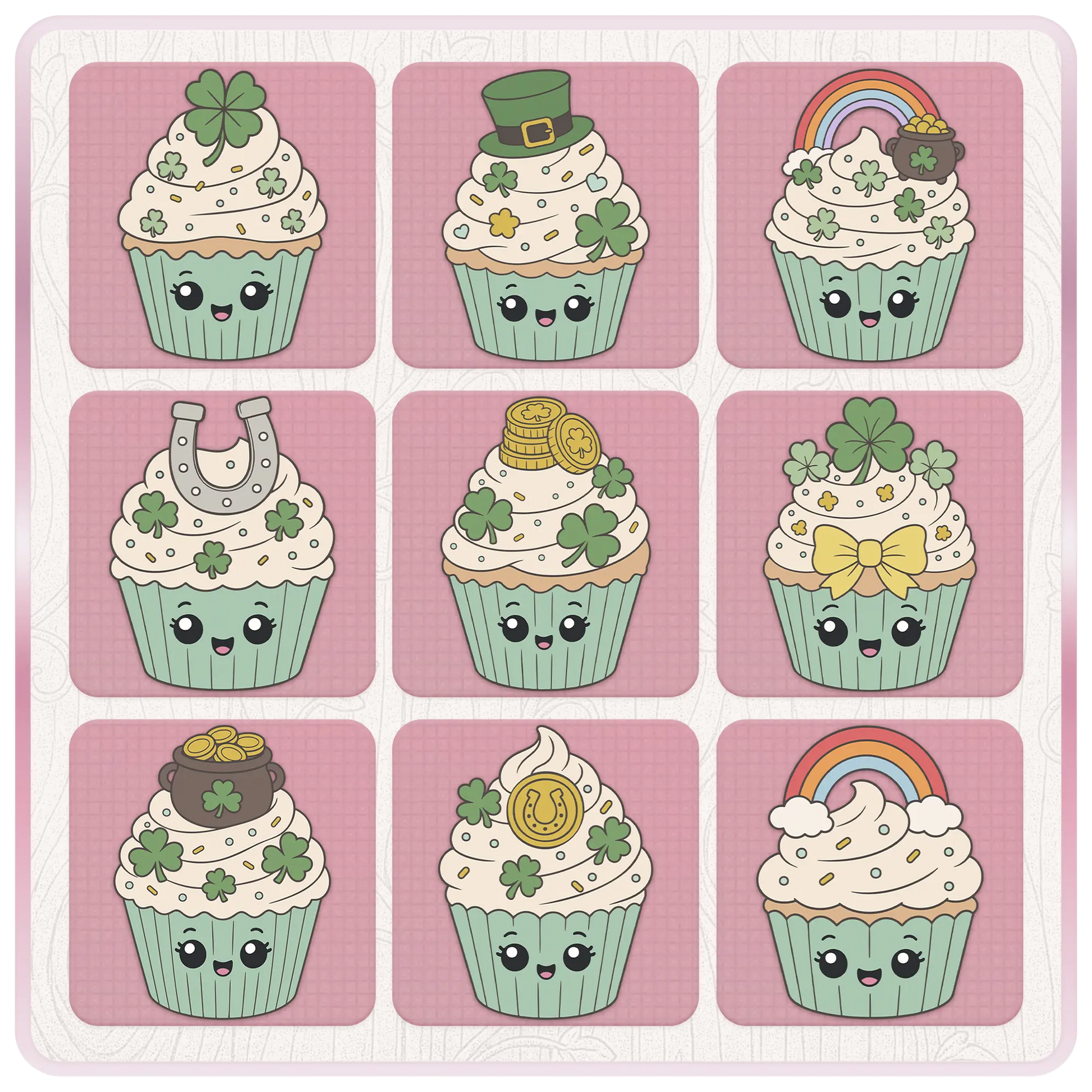 St. Patrick’s Day cupcake clipart preview sheet featuring shamrock cupcakes, leprechaun hat, rainbow, horseshoe, gold coins, pot of gold, bow, and lucky charm designs.