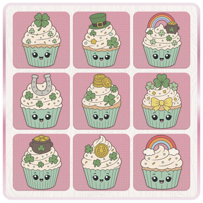 St. Patrick’s Day cupcake clipart preview sheet featuring shamrock cupcakes, leprechaun hat, rainbow, horseshoe, gold coins, pot of gold, bow, and lucky charm designs.