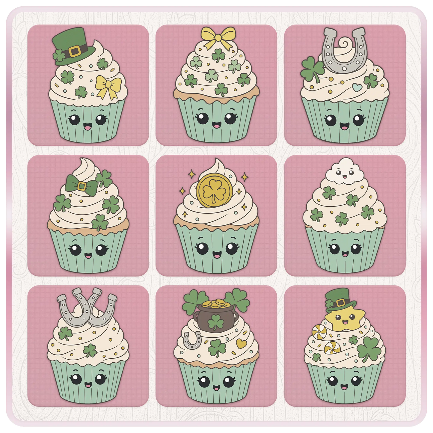 St. Patrick’s Day cupcake SVG preview sheet with leprechaun hat, yellow bow, lucky horseshoe, green bow, gold coin, ghost, pot of gold, and star cupcake clipart.
