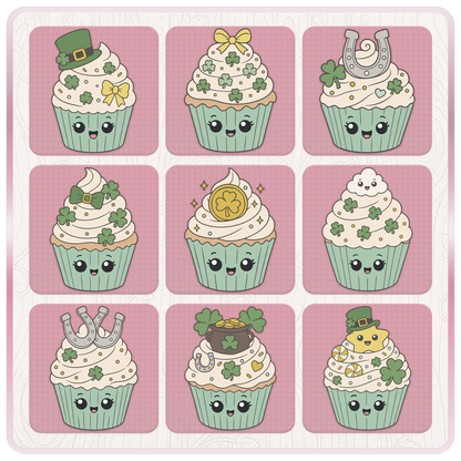 St. Patrick’s Day cupcake SVG preview sheet with leprechaun hat, yellow bow, lucky horseshoe, green bow, gold coin, ghost, pot of gold, and star cupcake clipart.