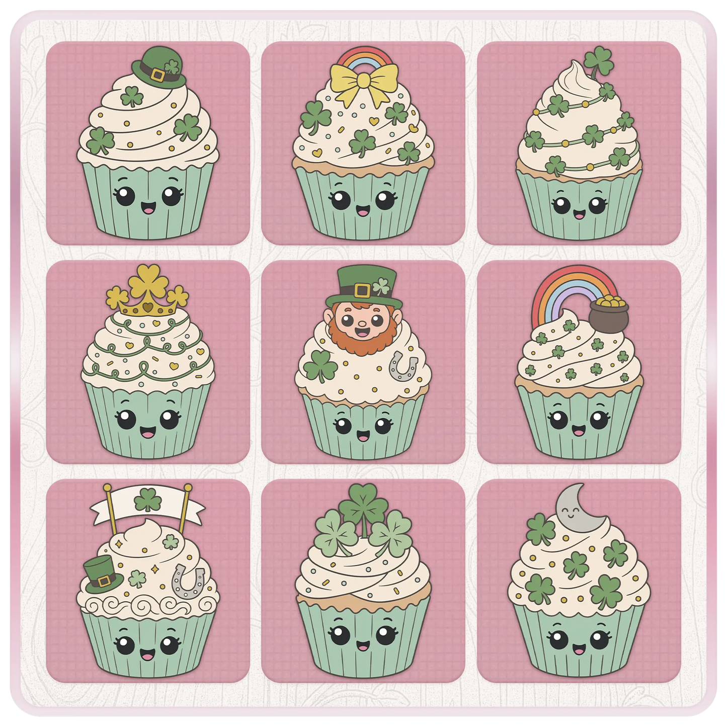 St. Patrick’s Day cupcake PNG and SVG preview sheet featuring green hat, rainbow bow, shamrock garland, clover crown, leprechaun face, lucky flag, moon, and cute green cupcake designs.