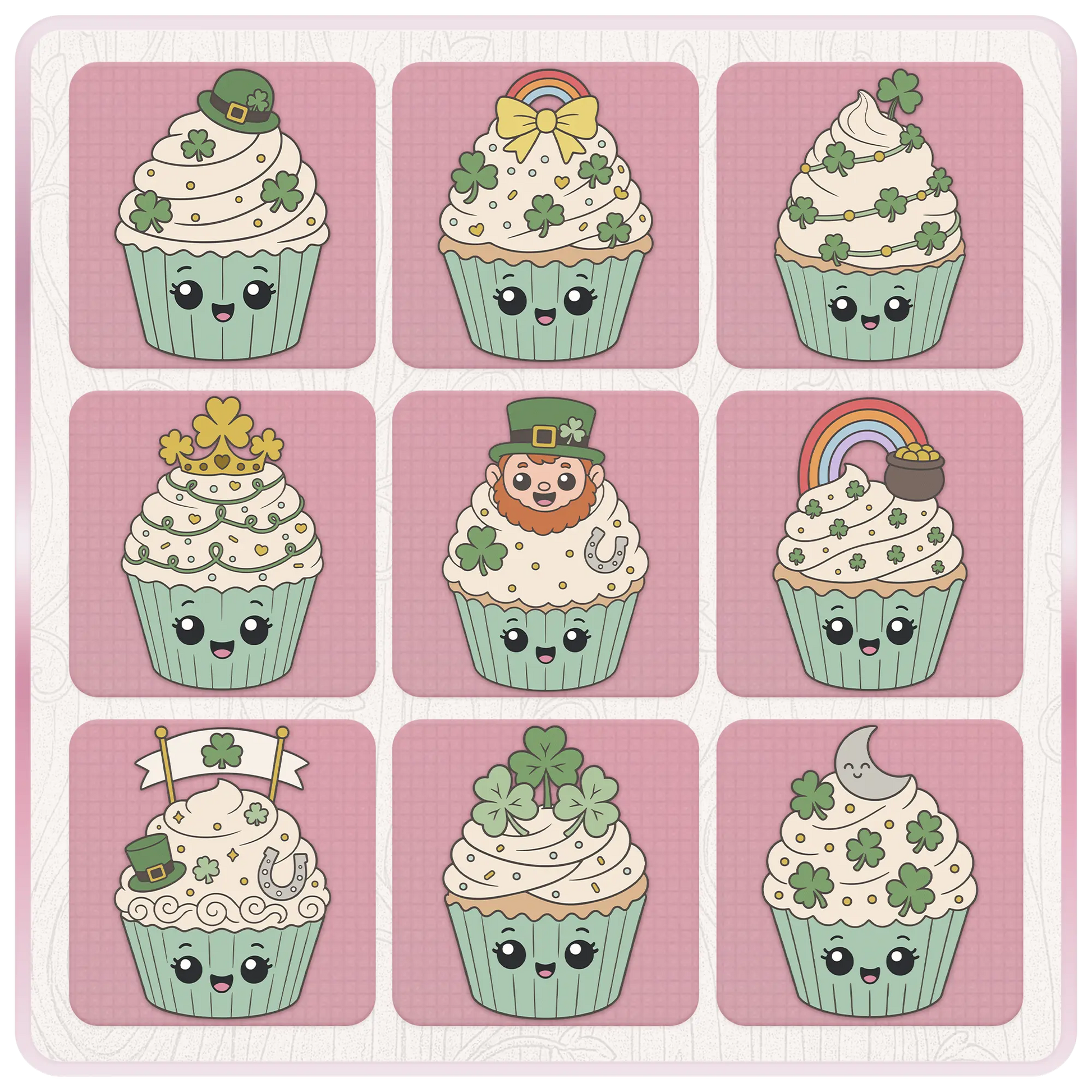 St. Patrick’s Day cupcake PNG and SVG preview sheet featuring green hat, rainbow bow, shamrock garland, clover crown, leprechaun face, lucky flag, moon, and cute green cupcake designs.