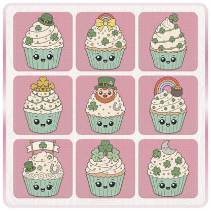 St. Patrick’s Day cupcake PNG and SVG preview sheet featuring green hat, rainbow bow, shamrock garland, clover crown, leprechaun face, lucky flag, moon, and cute green cupcake designs.
