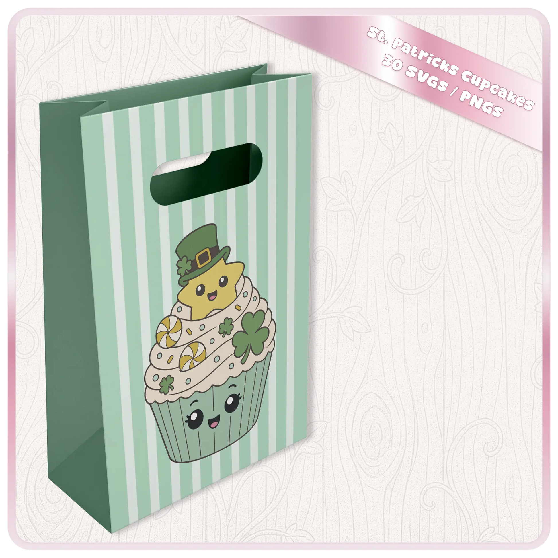 St. Patrick’s Day Cupcakes SVG and PNG mockup showing cute lucky star cupcake artwork printed on a green striped gift bag.